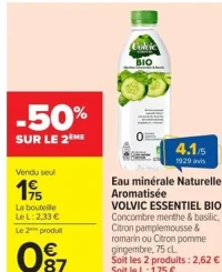 Eau minérale Naturelle Aromatisée VOLVIC ESSENTIEL BIO Concombre menthe & basilic, Citron pamplemousse & romarin ou Citron pomme gingembre, 75 cl.