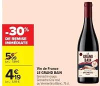 Vin de France LE GRAND BAIN Grenache rouge, Grenache Gris rosé ou Vermentino Blanc