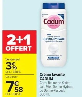 Crème lavante CADUM Coco, Beurre de Karité, Lait, Miel, Dermo-Hydrate ou Dermo-Respect
