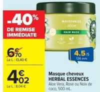 Masque cheveux HERBAL ESSENCES Aloe Vera, Rose ou Noix de coco