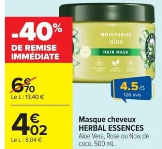 Masque cheveux HERBAL ESSENCES Aloe Vera, Rose ou Noix de coco
