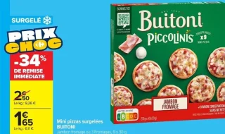 Mini pizzas surgelées BUITONI Jambon fromage ou 3 Fromages, 9 x 30 g.
