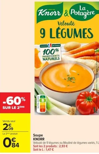 Soupe KNORR Velouté de 9 légumes ou Mouliné de légumes variés