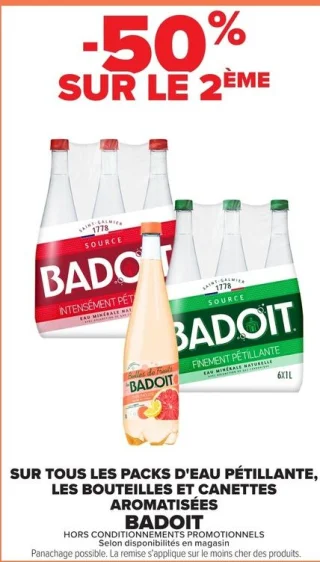 Packs d'eau pétillante, bouteilles et canettes aromatisées BADOIT