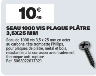 Seau 1000 vis plaque plâtre 3,5x25 mm
