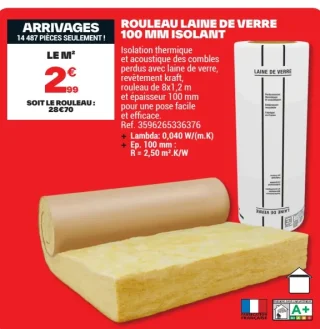 Rouleau laine de verre 100 mm isolant