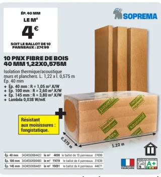 Soprema 10 pnx fibre de bois 40 mm 1,22x0,575m