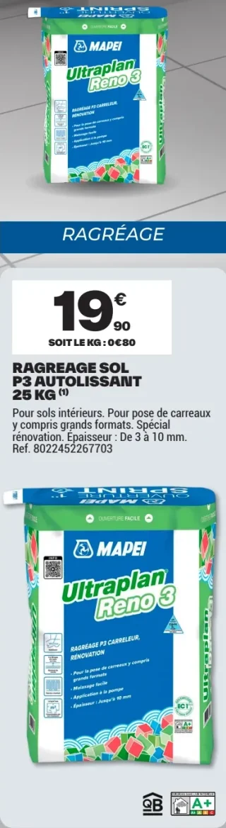 MAPEI Ultraplan Reno 3 Ragréage sol P3 autolissant 25 kg