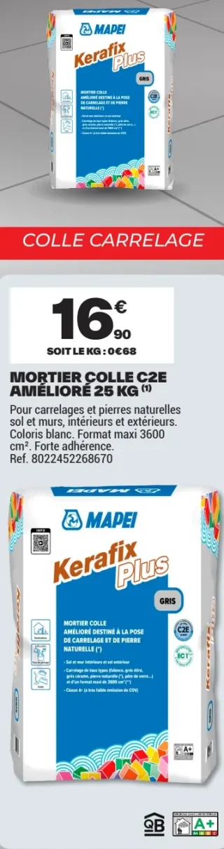 MAPEI Kerafix Plus Mortier colle C2E amélioré 25 kg