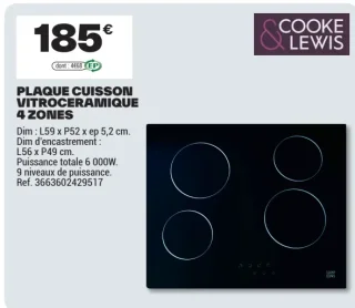 Plaque cuisson vitrocéramique 4 zones Cooke & Lewis