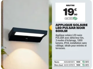 Applique solaire LED Pulsar noir 600lm