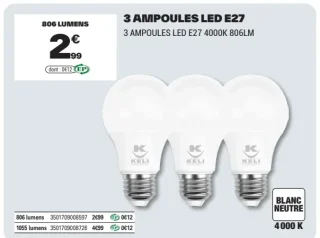 3 ampoules LED E27 4000K 806lm Keli