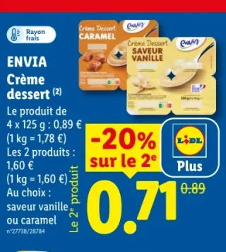 Crème dessert saveur vanille ou caramel Envia