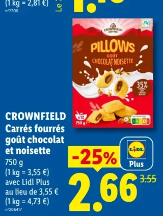 Carrés fourrés goût chocolat et noisette Crownfield