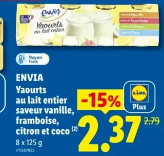 Yaourts au lait entier saveur vanille, framboise, citron et coco Envia