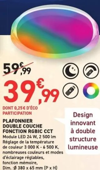 Plafonnier double couche fonction RGBIC CCT