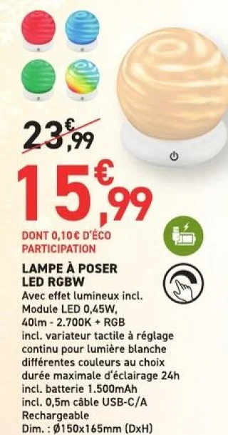 LAMPE À POSER LED RGBW Avec effet lumineux incl. Module LED 0,45W