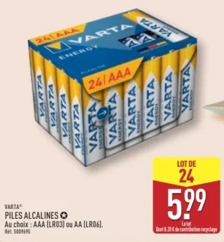 Piles alcalines Varta AAA (LR03) ou AA (LR06)