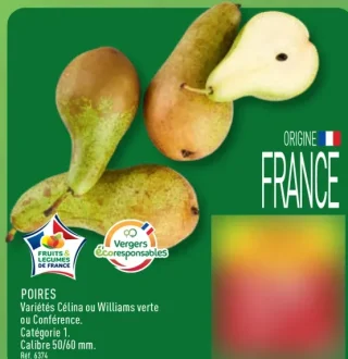 Poires (Variétés Célina ou Williams verte ou Conférence)