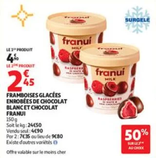 Framboises glacées enrobées de chocolat blanc et chocolat franui