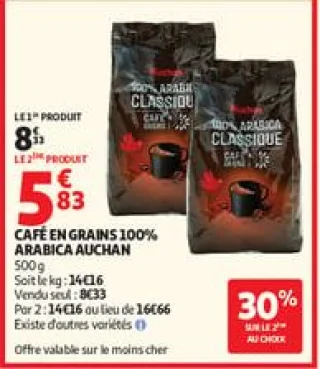 Café en grains 100% arabica auchan
