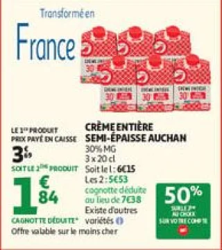 Crème entière semi-épaisse auchan