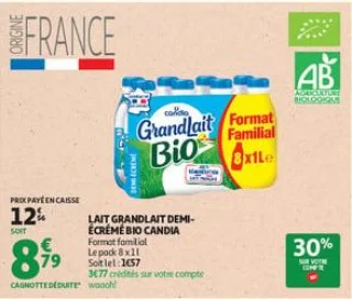 Lait grandlait demi-écrémé bio candia