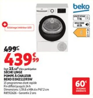 Sèche linge pompe à chaleur beko d3h211393w