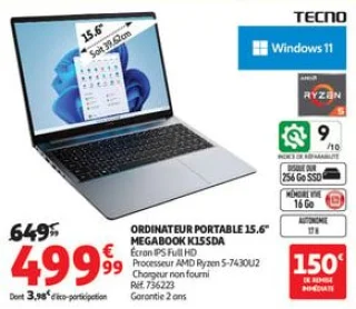 Ordinateur portable 15.6" megabook k15sda