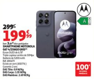 Smartphone motorola g67 4/256go gris