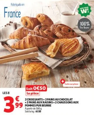 2 croissants + 2 pains au chocolat + 2 pains aux raisins + 2 chaussons aux pommes pur beurre