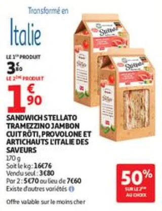 Sandwich stellato tramezzino jambon cuit rôti, provolone et artichauts l'italie des saveurs