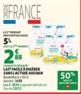 Lait facile à digérer sans lactose auchan