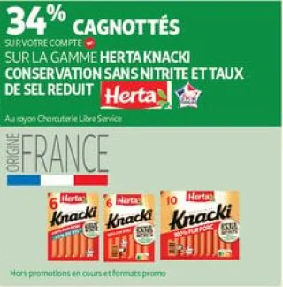 34% cagnottés<br>sur votre compte<cagnotte> sur la gamme herta knacki conservation sans nitrite et taux de sel reduit 