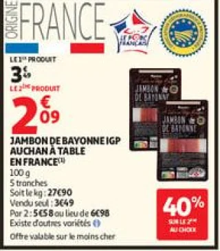 Jambon de bayonne igp auchan à table en france