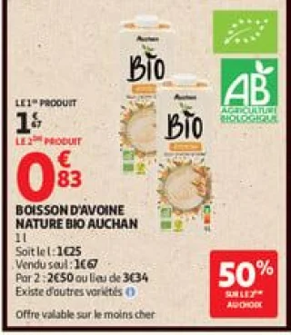 Boisson d'avoine nature bio auchan