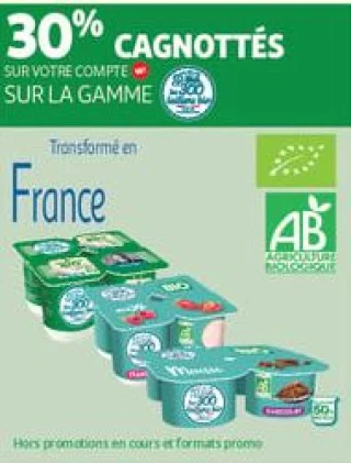 30% cagnottés<br>sur votre compte<cagnotte>  sur la gamme les 300 laitiers bio 