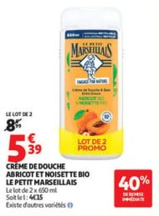 Crème de douche abricot et noisette bio le petit marseillais