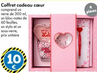 Coffret cadeau cœur verre, bloc-notes, stylo et sous-verre