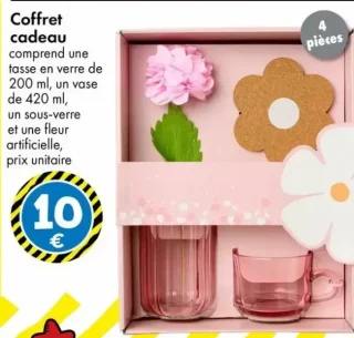 Coffret cadeau tasse en verre, vase, sous-verre et fleur artificielle
