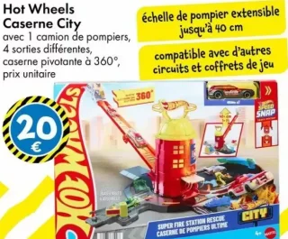 Hot Wheels Caserne City avec 1 camion de pompiers, 4 sorties différentes, caserne pivotante à 360°