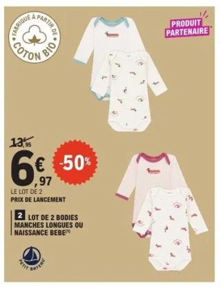 Lot de 2 bodies manches longues ou naissance bébé Petit Bateau