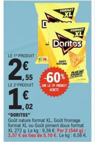 Doritos goût nature, fromage ou piment doux format XL