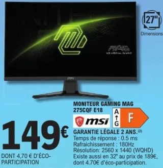 Moniteur gaming MSI MAG 275CQF E18
