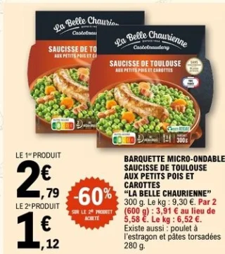 Barquette micro-ondable saucisse de Toulouse aux petits pois et carottes La Belle Chaurienne