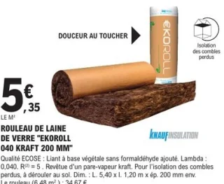 Rouleau de laine de verre Ekoroll 040 Kraft 200 mm Knauf Insulation