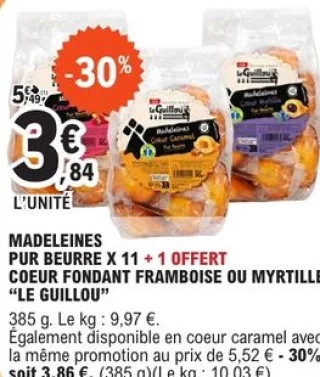 Madeleines pur beurre x 11 + 1 offert cœur fondant framboise ou myrtille "Le Guillou"