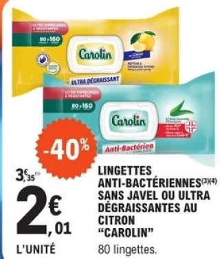 Lingettes anti-bactériennes sans javel ou ultra dégraissantes au citron Carolin