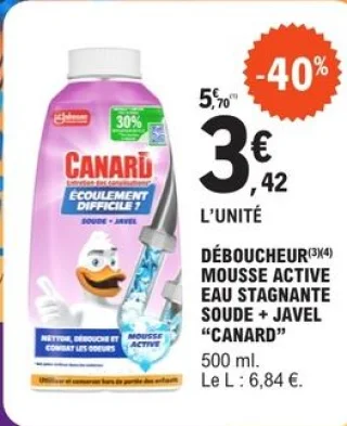 Déboucheur mousse active eau stagnante soude + javel Canard