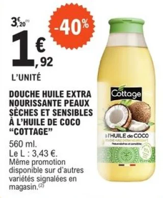 Douche huile extra nourrissante peaux sèches et sensibles à l'huile de coco Cottage